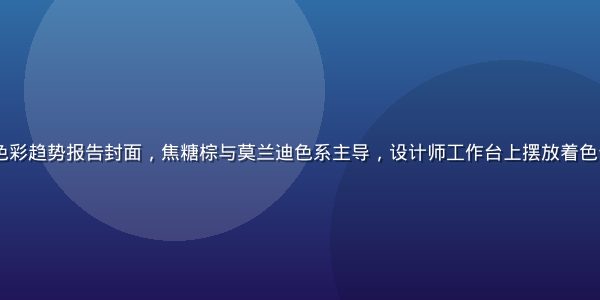 2026年度色彩趋势报告封面，焦糖棕与莫兰迪色系主导，设计师工作台上摆放着色卡样本与设计稿